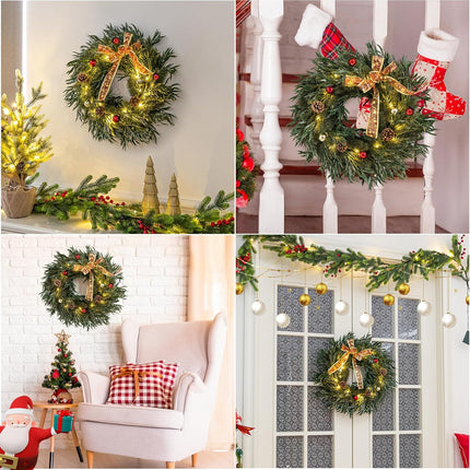 Christmas Wreath with 25 Led Lights, Battery Operated Prelit Outdoor Christmas Wreath with Bows Balls Pine Cones 18" Artificial Christmas Wreaths for Front Door Windows Fireplace Christmas Decorations
