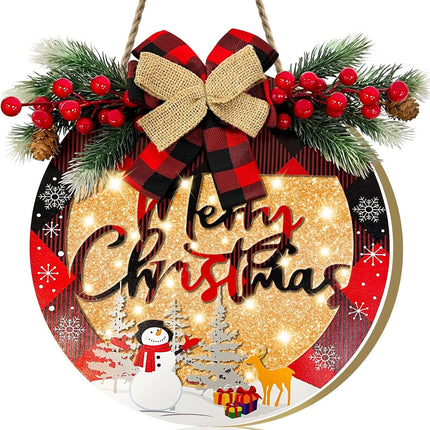 [Pre-Lit & Timer] Merry Christmas Wreath Sign for Front Door Sign with Lights Christmas Decorations Battery Operated Buffalo Plaid Bow Snowflake Snowman Decorated Window Wall Home Decor Xmas Farmhouse