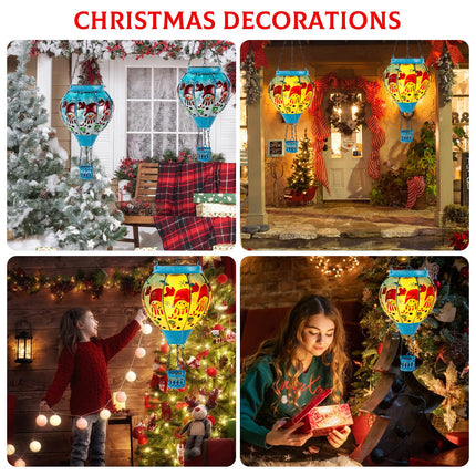 Christmas Hot Air Balloon Solar Lantern with Flame Decorations, Outdoor Waterproof Large Solar Hanging Snowman Lantern Xmas Glass Garden LED Light for Balcony Yard Patio Porch Decor