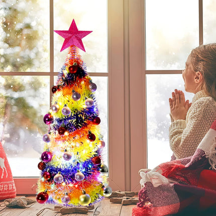 Mini 2FT Desktop Pop Up Christmas Tree - Collapsible Artificial Tinsel Pencil Christmas Tree, Skinny Xmas Tree for Indoor Home Apartment Porch Holiday Party Decorations(Rainbow)