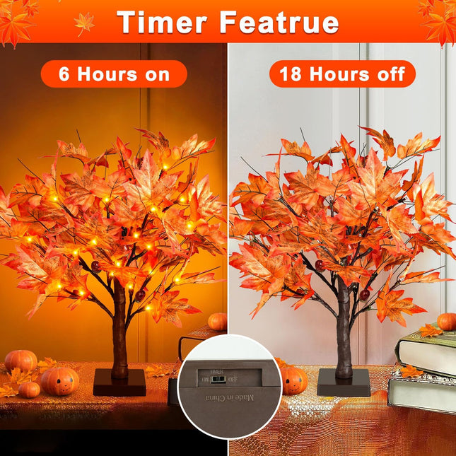 18 Inch Lighted Maple Tree with 36 Lights, 72 Leaves, 6 Acorn, Timer Battery Operated Tabletop Artificial Fall Tree for Thanksgiving Harvest Home Decor, Fall Table Decorations (18 Inch 2 Pack)