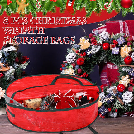 Windyun 8 Pcs Christmas Wreath Storage Container Bulk 30 Inch Plastic Xmas Bags with Handle Durable Tarp Wreath Bag Material Garland Holiday Wreath Box For Heavy Duty Xmas Thanksgiving Holiday(Red)