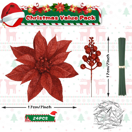 24 Pcs Red Poinsettia Christmas Tree Decorations, 24 Pcs Artificial Poinsettia Flowers and Christmas Picks Glitter Berry Stem, Christmas Tree Ornaments for Christmas Tree Topper, Filler, Wreath