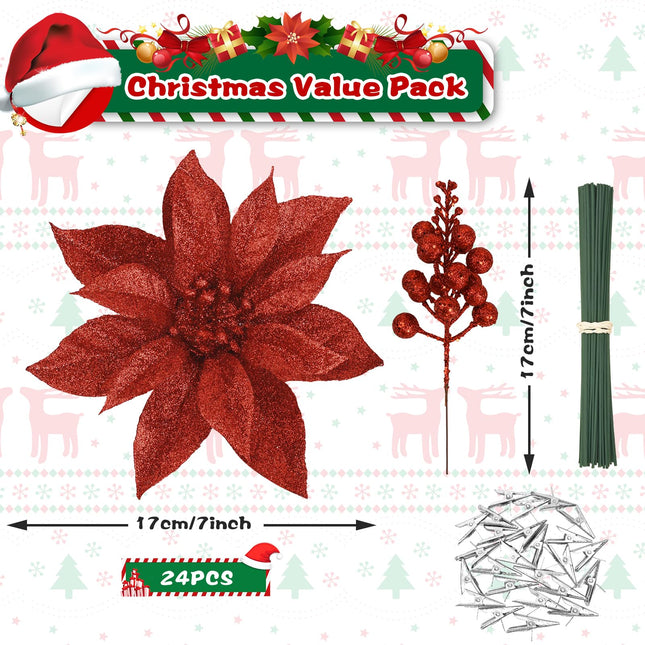 24 Pcs Red Poinsettia Christmas Tree Decorations, 24 Pcs Artificial Poinsettia Flowers and Christmas Picks Glitter Berry Stem, Christmas Tree Ornaments for Christmas Tree Topper, Filler, Wreath