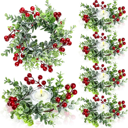 Dingion 8 Pieces Christmas Candle Rings Wreaths Christmas Kitchen Cabinet Wreaths Christmas Wreaths Table Centerpieces Mini Rings Wreaths for Pillars Window Chair Wall Decorations (Red Berry)
