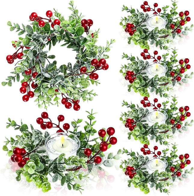 Dingion 8 Pieces Christmas Candle Rings Wreaths Christmas Kitchen Cabinet Wreaths Christmas Wreaths Table Centerpieces Mini Rings Wreaths for Pillars Window Chair Wall Decorations (Red Berry)