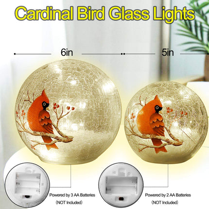 Crackle Glass Cardinal Lamp Battery Operated Globe Lamp for Women Stylish Cardinal Decor Ornaments Red Bird Pattern Stained Glass Lamp Mother's Day s 2 Pack (6in & 5 in)