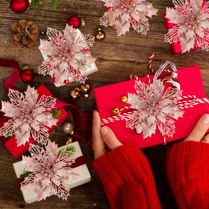 Poinsettia Christmas Decorations Flowers -12Pcs Artificial Poinsettia Christmas Tree Ornaments Glitter for Xmas Year Wedding Party Wreath DIY Garland Decor (Rose Gold)