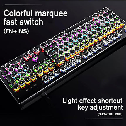Basaltech Typewriter Keyboard, Mechanical Keyboard with LED Backlight, Steampunk Keyboard with 104-Keys Round Keycaps, Black Switch Wired Keyboard for Computer or Mac
