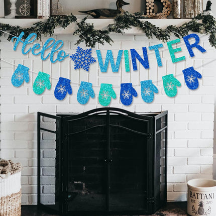 Glitter Hello Winter Banner with Snowflake Signs and Blue Glittery Gloves Banner Winter Snowflake Garland Banner Christmas Holiday Winter Wonderland Birthday Baby Shower Party Mantle Decorations