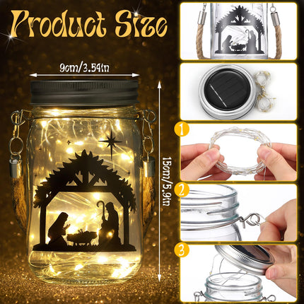 3 Pcs Christmas Nativity Scene Lantern Decorative Nativity Solar Lantern Fairy Hanging Jar Lights Solar for Indoor Outdoor Decorations Holiday Xmas Home Decor
