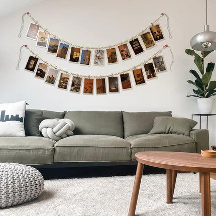 Hanging Photo Display with 12 Clips, Wooden Bead Garland 2PCS, Boho Style Collage Photo Frame Decoration for Dorms, Classrooms, Bedrooms
