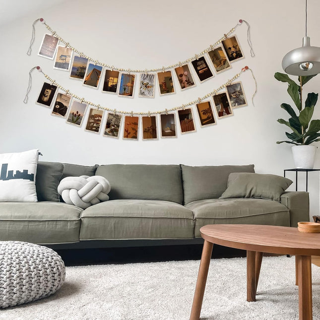 Hanging Photo Display with 12 Clips, Wooden Bead Garland 2PCS, Boho Style Collage Photo Frame Decoration for Dorms, Classrooms, Bedrooms