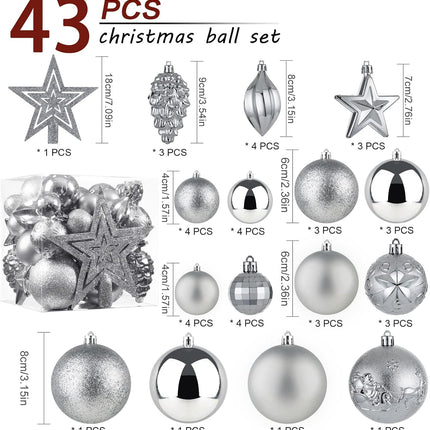 Christmas Ball Ornaments - 43pcs Shatterproof Christmas Tree Decorative Hanging Ornaments with Loop for Xmas Holiday Party Wreath Home Decoration (Silver)