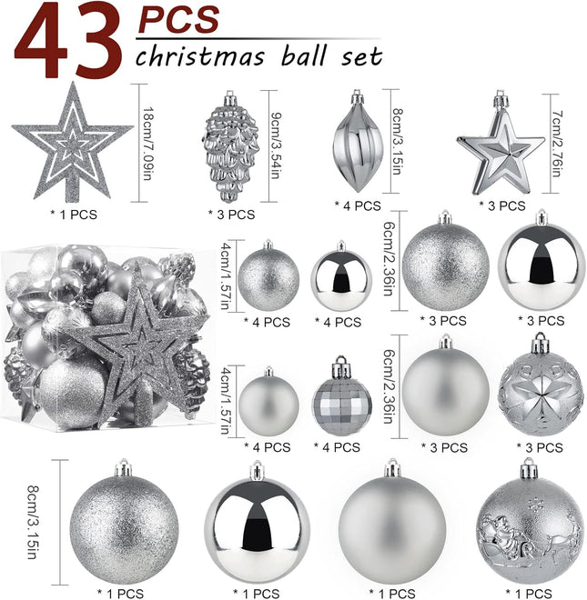 Christmas Ball Ornaments - 43pcs Shatterproof Christmas Tree Decorative Hanging Ornaments with Loop for Xmas Holiday Party Wreath Home Decoration (Silver)