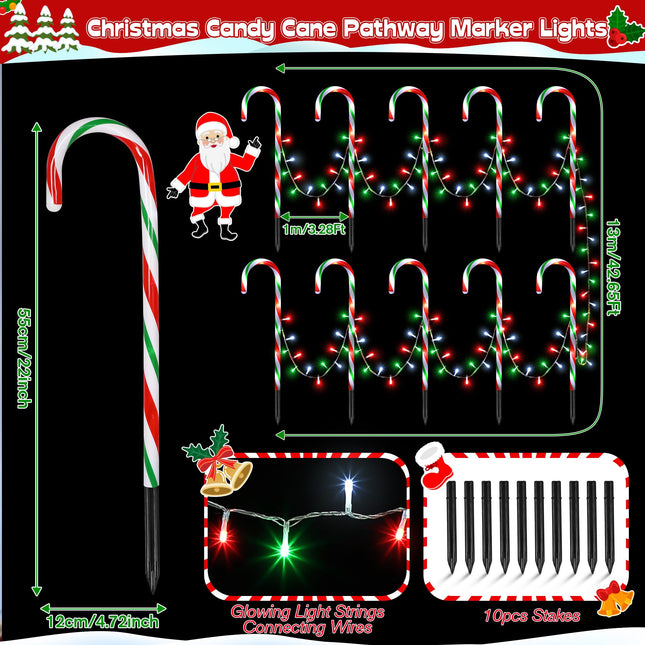 10 in 1 Christmas Candy Cane Lights with Stakes, 22 Inch 8 Modes Christmas Candy Cane Pathway Marker Lights with Timer for Xmas Walkway Yard Lawn Outdoor Decor(Red, Green, White)