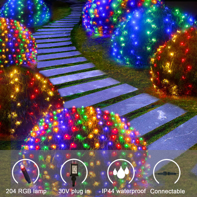 Obrecis Christmas Outdoor Net Lights, 204 LED 18 Color Changing Mesh Lights, 9.8 ft x 6.6 ft Waterproof Connectable Multicolored Fairy String Lights for Bushes Xmas Tree Wedding Party Home Decor