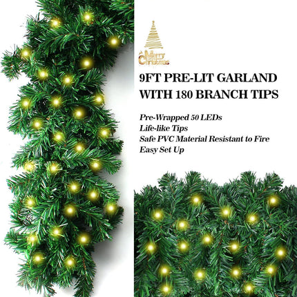 9FT Christmas Lighted Garland, Pre-lit Artificial Xmas Garland w/Battery-Operated String Lights with Timer & Remote - Lush Green Xmas Decor Greenery Wreath Garland for Indoor/Outdoor Party Decor