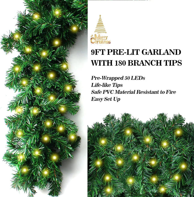9FT Christmas Lighted Garland, Pre-lit Artificial Xmas Garland w/Battery-Operated String Lights with Timer & Remote - Lush Green Xmas Decor Greenery Wreath Garland for Indoor/Outdoor Party Decor