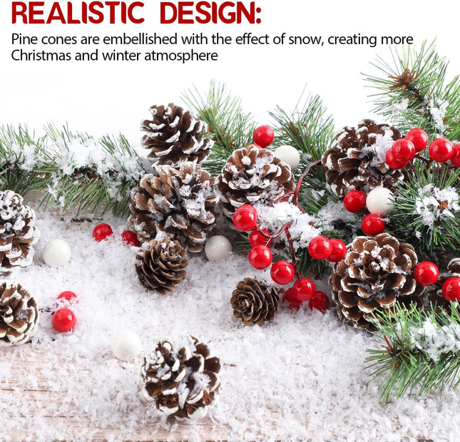 M&C Music Color 115Pcs Christmas Pine Cones Bulk Berry Pine Branch Set, Natural Snow Pinecones Winter Holiday Ornament for DIY Crafts Assorted Sizes Home Decorations Xmas Tree Tag Party Supplies