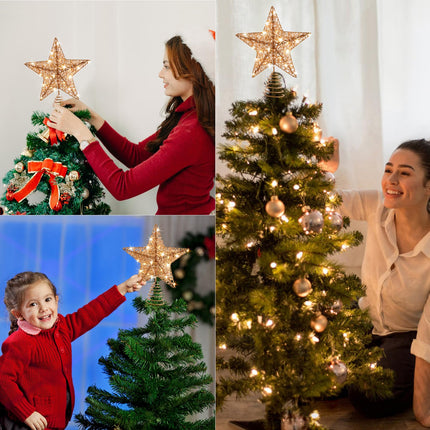 Rose Gold Christmas Tree Topper, 10 INCH Rose Gold Wire Glitter Tree Top, 20 LED Lights Glittered Metal Christmas Decorations, Xmas Ornaments Topper Holder for Christmas Tree Home Decoration