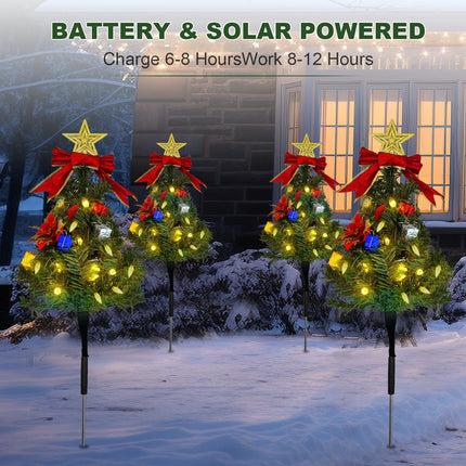 Solar Christmas Tree Pathway Lights Outdoor, Set of 4 Solar Christmas Tree Stake Lights, 80 Outdoor LEDs Xmas Pathway Lights, Garden Stake Lights Decor DIY Xmas Tree (Warm White)