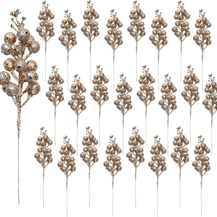 24 Pieces Christmas Glitter Berries Stems Artificial Berry Twig Stem Berry Picks Decorations for Christmas Ornaments, DIY Xmas Wreath, Holiday and Party Decor (Champagne)