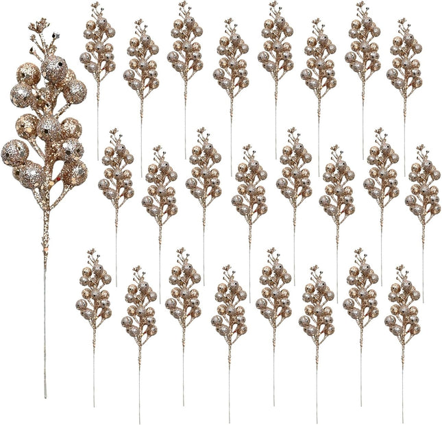 24 Pieces Christmas Glitter Berries Stems Artificial Berry Twig Stem Berry Picks Decorations for Christmas Ornaments, DIY Xmas Wreath, Holiday and Party Decor (Champagne)