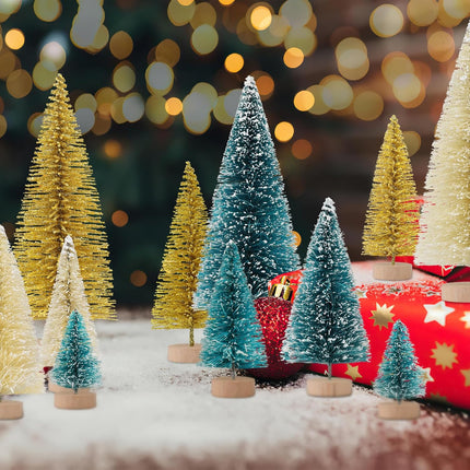 30PCS Artificial Frosted Sisal Mini Christmas Trees, Bottle Brush Trees with Wood Base Snow Frost Tree Artificial Winter Mini Pine for Christmas Decor Home Table Top Decoration and Crafts