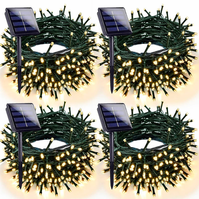 4pk Warm White Solar Christmas Lights Outdoor Waterproof, 400LED 132FT Solar Powered LED String Lights Green Wire with 8 Modes, Solar Fairy Lights for Xmas Tree Party Wedding Garden Fence Decorations