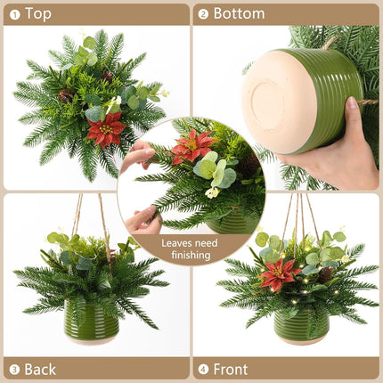 Artificial Christmas Hanging Baskets, Hanging Christmas Tree Basket Decorated with Pine Cones Red Flowers, Christmas Hanging Decoration for Front Porch Garden Patio Outdoor Xmas Decor