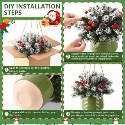 Artificial Christmas Hanging Basket,17 Inch Hanging Small Christmas Tree,Snow Flocked Christmas Tree with Pine Cones and Berry Clusters for Front Porch Garden Patio Outdoor Christmas Decoration