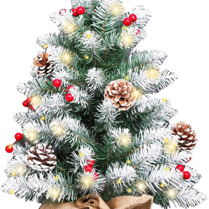 Mini Christmas Tree 2FT with Lights丨White Tabletop Christmas Tree with Flocking Snow Frost Tips Berries Wood Base with Burlap 55CM Small Xmas Pine Tree for Holiday Home Decoration