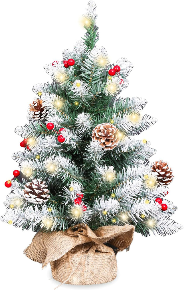 Mini Christmas Tree 2FT with Lights丨White Tabletop Christmas Tree with Flocking Snow Frost Tips Berries Wood Base with Burlap 55CM Small Xmas Pine Tree for Holiday Home Decoration