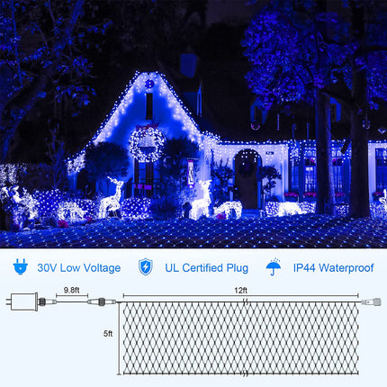 Blue Net Lights Outdoor - 360 LED Christmas Net Lights Plug in with Remote, 12 x 5ft Extendable 8 Modes Net Christmas Lights Waterproof for Bushes Gazebo Lawn Wedding Patio Garden Tree Decoration