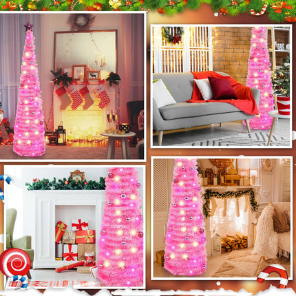 Hiboom 2 Pcs Collapsible Pop up Christmas Tinsel Tree with Light Hanging Ornament 5 ft Artificial Pencil Christmas Tree Decoration Star Pop Tree Artificial Xmas Tree for Decoration(Pink)