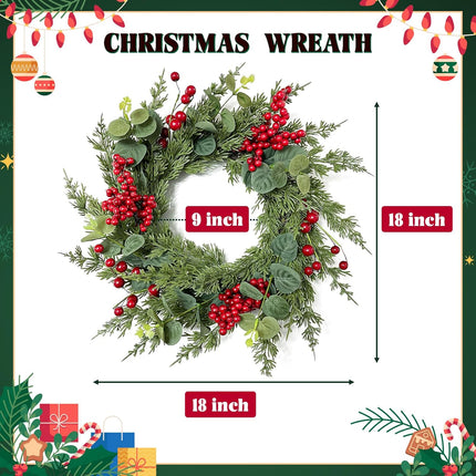 18-Inch Christmas Wreath with Red Berries Eucalyptus and Cedar Leaf - Artificial Holiday Wreath for Front Door, Wall, and Home Decoration