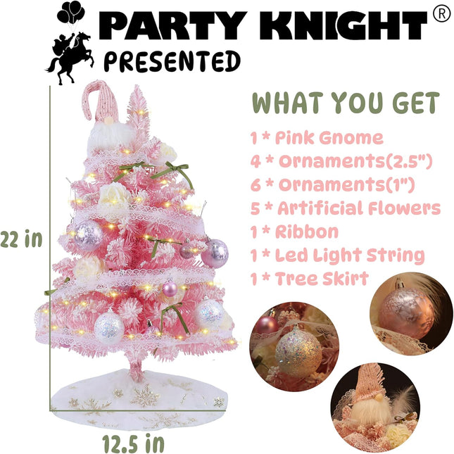 Small Christmas Tree - Mini Christmas Tree Flocked Comes with Decorations, Small Pink Christmas Tree 24 in, Decorated Christmas Tree, Tabletop Christmas Tree Pink Flocked