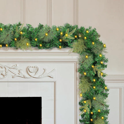 Christmas Garland with Lights, Prelit Xmas Garlands with Timer Outdoor Lighted Winter Pine Garlands with 50 LED Battery Powered String Light for Indoor, Party, Home Decoration, 9 Ft by 10 Inch