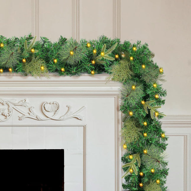 Christmas Garland with Lights, Prelit Xmas Garlands with Timer Outdoor Lighted Winter Pine Garlands with 50 LED Battery Powered String Light for Indoor, Party, Home Decoration, 9 Ft by 10 Inch