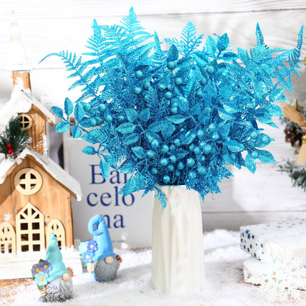 40 Pcs Christmas Glitter Artificial Picks Set Christmas Leaf Sprays Cedar Picks Glitter Berries Stems Tropical Leaf Pine Needles Christmas Stems Branches for Christmas Tree Vase Home(Blue)