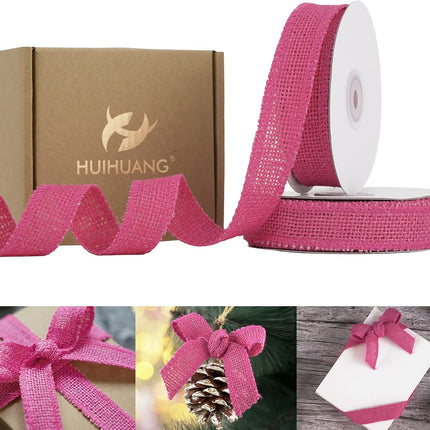 HUIHUANG Hot Pink Burlap Ribbon 1 inch x 20 Yards Natural Jute Burlap Ribbon for Wrapping Thick Burlap Ribbons for Crafts Christmas Wreaths Bows Rustic Home Decor Wedding Party Decor (No Wire)