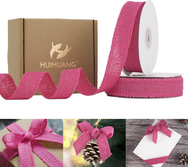 HUIHUANG Hot Pink Burlap Ribbon 1 inch x 20 Yards Natural Jute Burlap Ribbon for Wrapping Thick Burlap Ribbons for Crafts Christmas Wreaths Bows Rustic Home Decor Wedding Party Decor (No Wire)