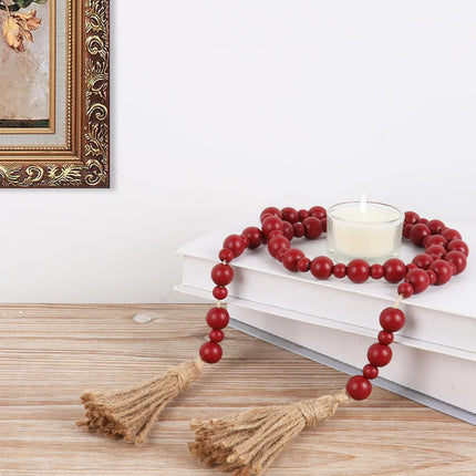 Yagoo Wood Bead Garland with Tassels, Farmhouse Rustic Decor Prayer Beads Boho Tassel Garland Decorative Beads for Home Decor (Burgundy)