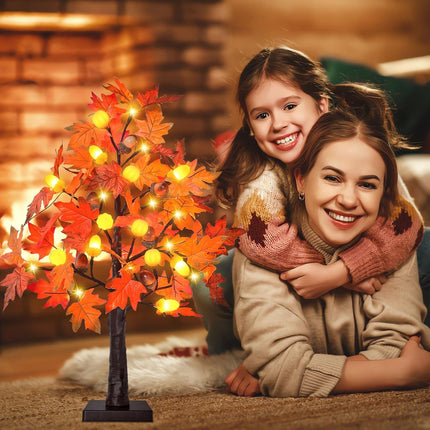 2 Pack 24 Inch Prelit Maple Tree Thanksgiving Decorations with 48 LED Timer Battery Operated Tabletop Prelit Acorn Pumpkin Artificial Fall Light Up Tree for Thanksgiving Fall Decorations for Home