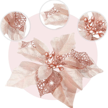 Boao 24 Pieces Christmas Artificial Glitter Poinsettia Flowers Xmas Flowers Wedding Christmas Tree Year Ornaments(Rose Gold)