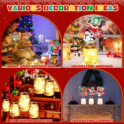 Amyhill 21 Pcs Christmas Centerpieces Sticks with Mason Jars LED Light Gingerbread Snowman Santa Christmas tree picks Cutout on Sticks Vase Filler Crafts for Xmas Wreath Holiday Table Decorations
