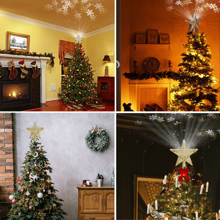Ryhpez Christmas Tree Topper, Gold Star Christmas Tree Toppers with LED Rotating Snowflake Projector Lights, 3D Glitter Lighted for Christmas Tree Decorations Holiday Party