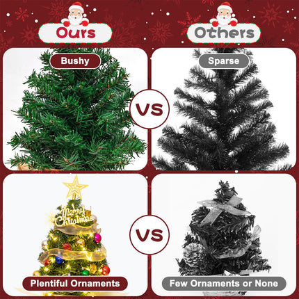 Mini Christmas Tree with Lights, 24'' Tabletop Christmas Tree with Abundance of Ornaments, Small Christmas Tree for Bedroom, Living Room, Fireplace, Dining Table, Perfect Christmas Decor