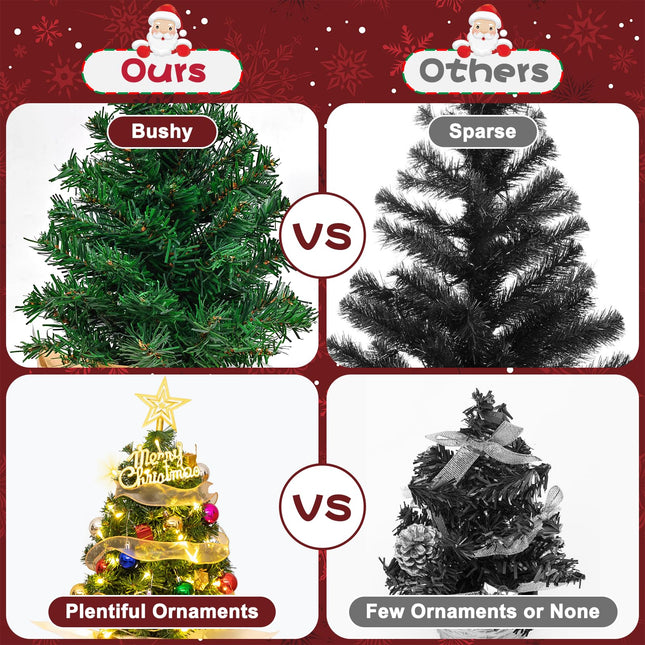 Mini Christmas Tree with Lights, 24'' Tabletop Christmas Tree with Abundance of Ornaments, Small Christmas Tree for Bedroom, Living Room, Fireplace, Dining Table, Perfect Christmas Decor
